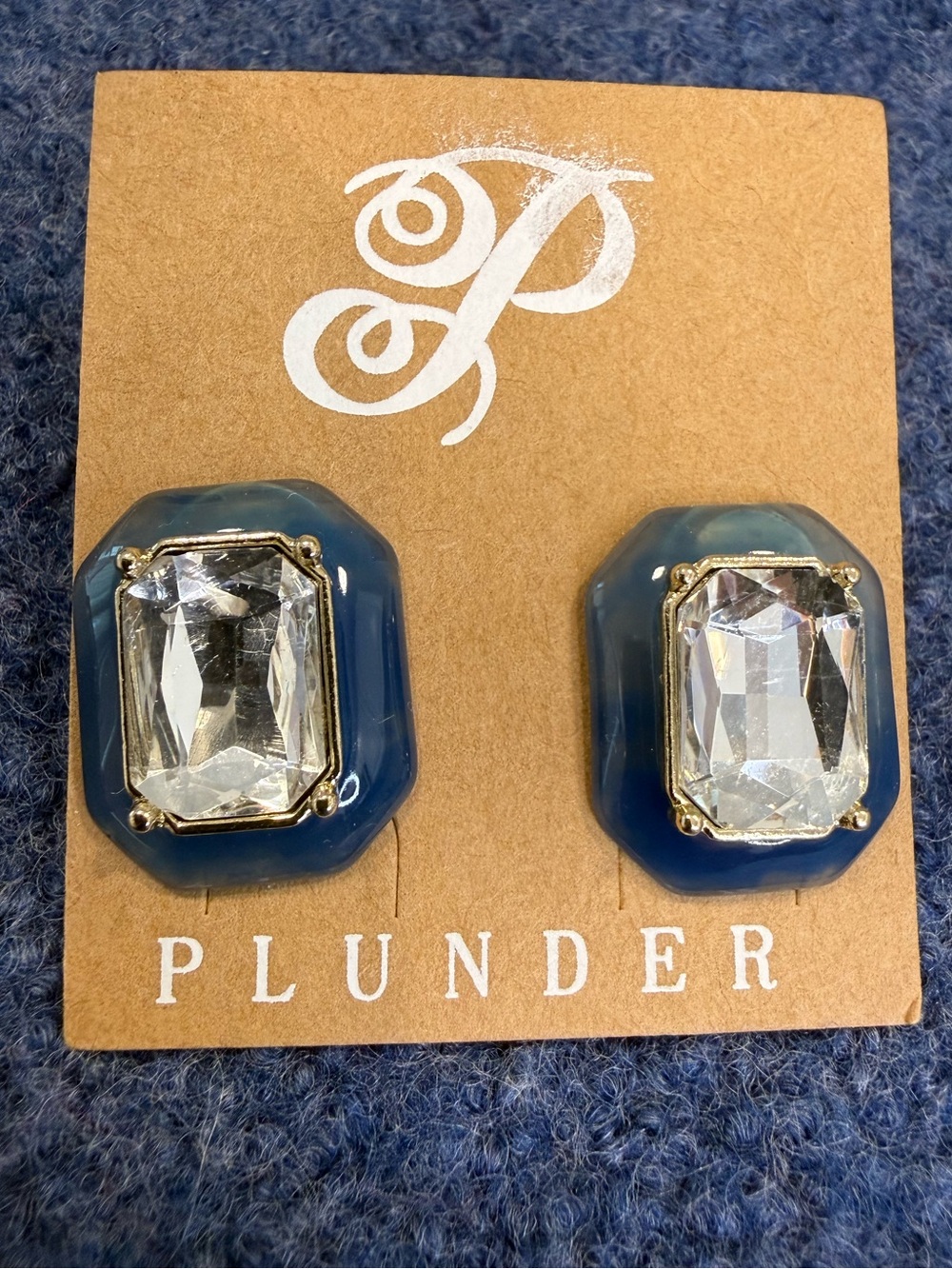 Plunder post earrings rectangular teal gem with clear rhinestone